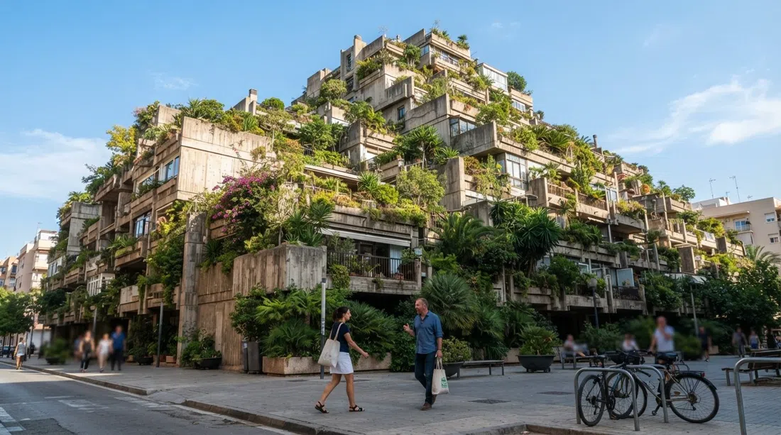Espai Verd visto desde la calle, con sus terrazas de hormigón cubiertas de plantas elevándose como una aldea vertical brutalista contra el cielo despejado de Valencia