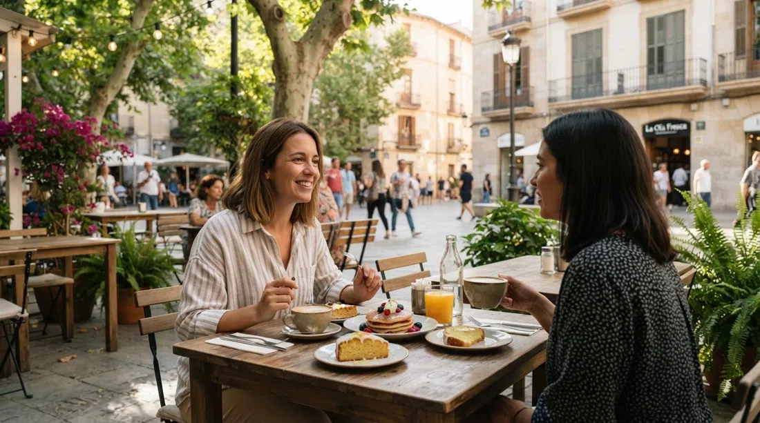 una terraza en una plaza frondosa de La Ola Fresca con tortitas esponjosas y bizcocho de limón en la mesa, luz matinal y ambiente de brunch slow en el barrio