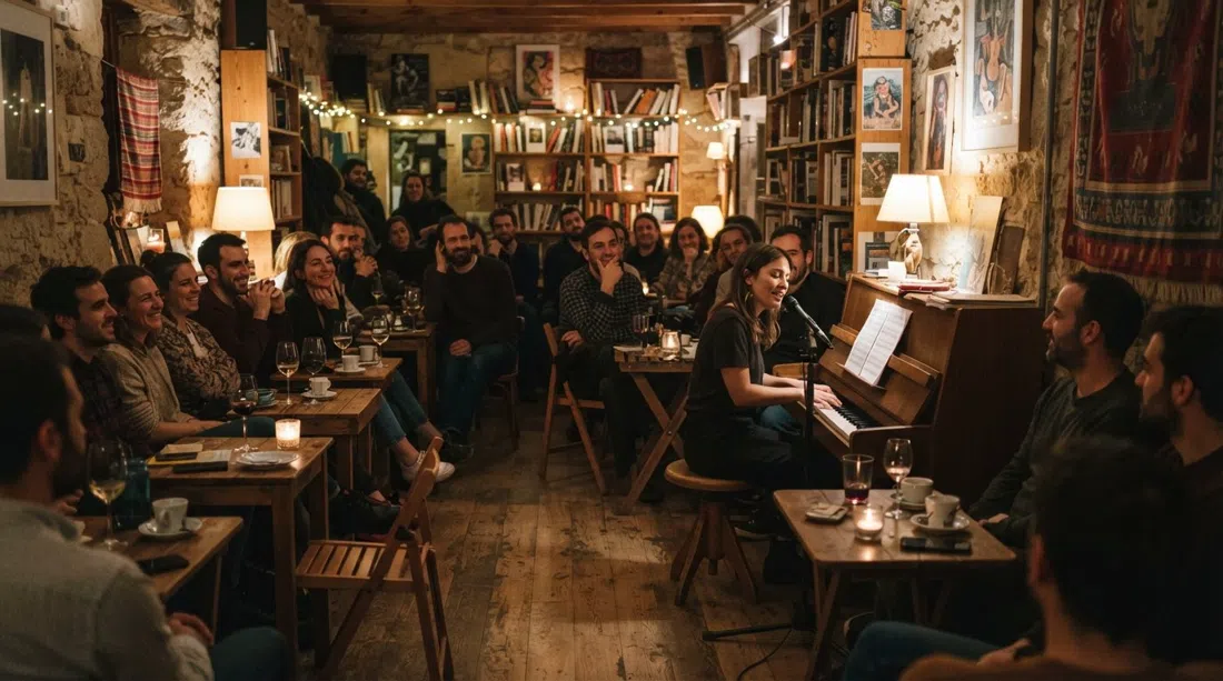 el interior cálido de Kaf Café con un piano, un grupo pequeño, estanterías y ambiente de noche de poesía bajo la luz baja del atardecer