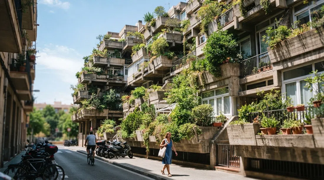 los pisos con terrazas apiladas de Espai Verd desde la calle, balcones de hormigón suavizados por una densa vegetación, vistos al mediodía