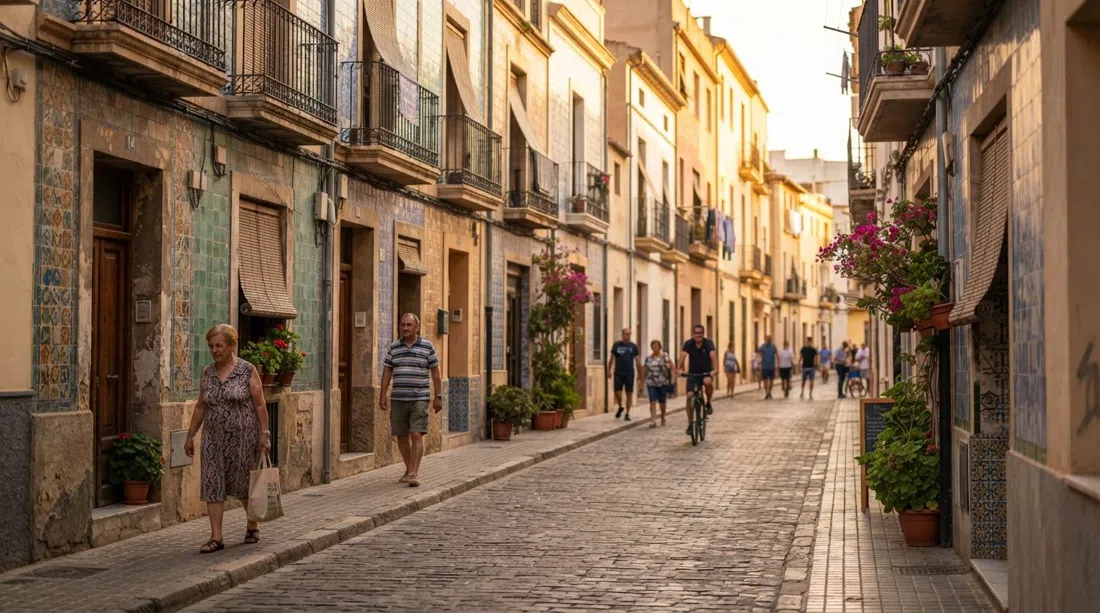 casas de pescadores alicatadas en la calle de Sant Pere en El Cabanyal, fachadas bajas de dos plantas brillando con la luz del atardecer