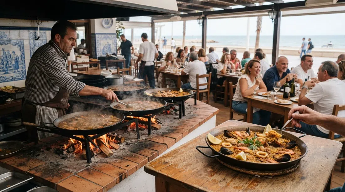 Casa Carmela en el paseo marítimo de Malvarrosa, fuego de leña de naranjo para la paella y un arròs del senyoret servido a la hora de comer