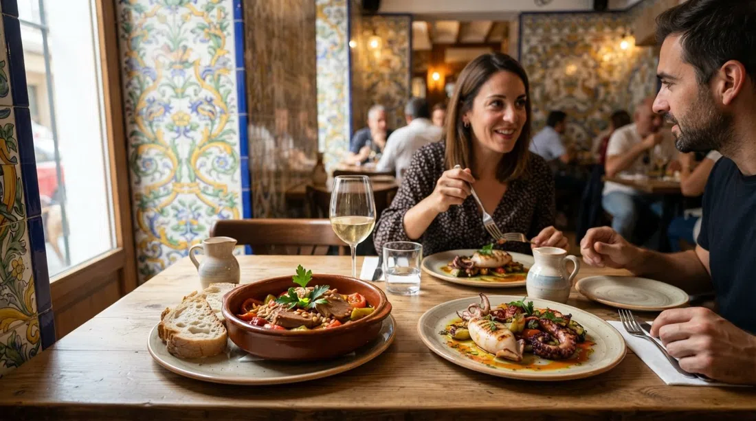 el comedor alicatado y colorido de La Sastrería, marisco emplatado con diseño y un plato de titaina sobre la mesa