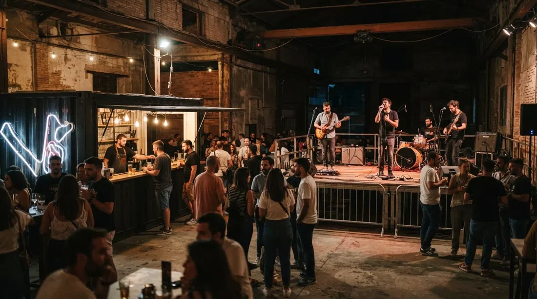 La Fábrica de Hielo de noche, antiguo almacén de fábrica de hielo con bar de contenedores y una banda en directo en el escenario