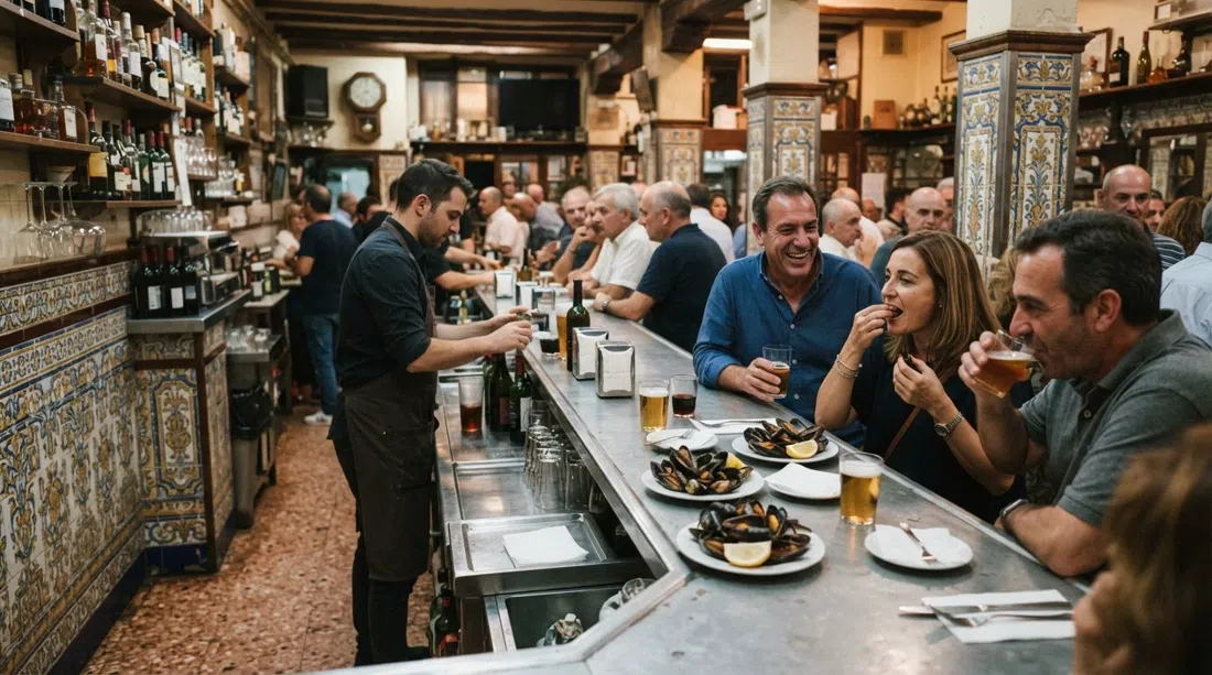 el interior alicatado de La Pilareta, una larga barra de zinc con platos de clóchinas al vapor y carácter de bar de tapas antiguo