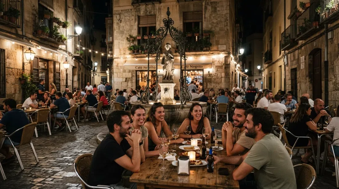 Café Negrito de noche, mesas de terraza extendidas alrededor de la pequeña fuente en la Plaça del Negret con luz cálida de la calle y trasnochadores