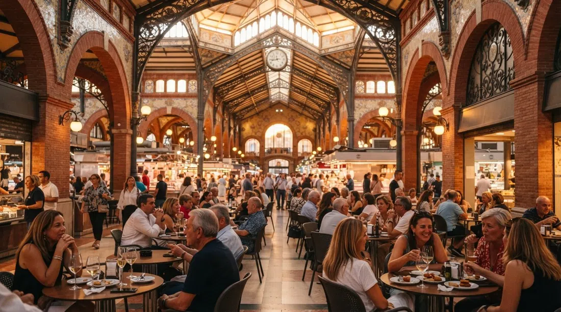 Imagen del Mercado de Colón, sala modernista a la hora dorada, arcos de ladrillo rojo y marquesina de hierro brillando sobre terrazas de cafetería
