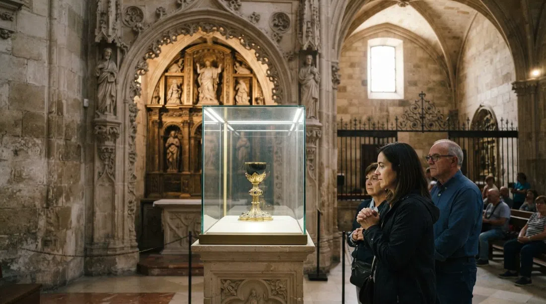 la capilla del Santo Cáliz dentro de la Catedral de Valencia, luz suave sobre el cáliz de ágata tras el cristal con piedra tallada y visitantes silenciosos en el encuadre