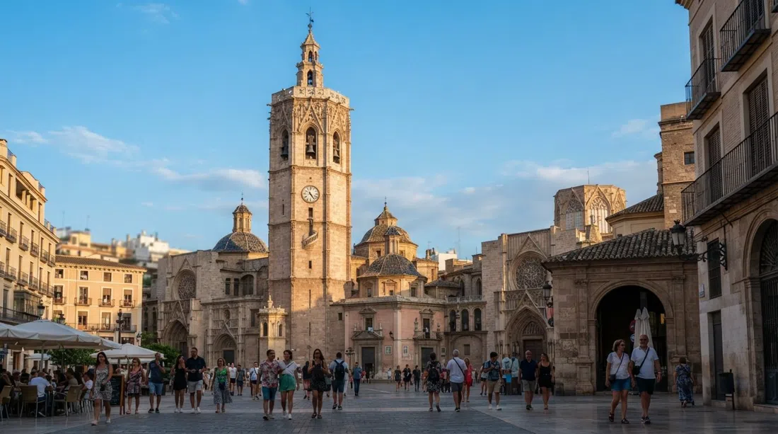 la torre del Miguelete elevándose sobre la Catedral de Valencia a la hora dorada, fuste octogonal de piedra y estrechas ventanas de escalera de caracol visibles contra el cielo azul