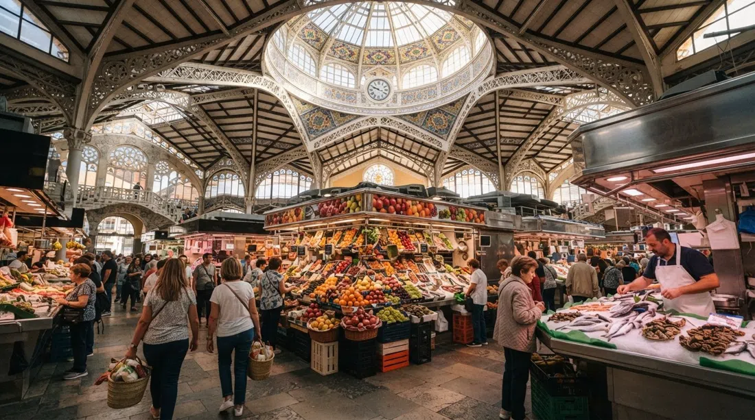 la cúpula modernista y el interior de hierro del Mercado Central, puestos del mercado abajo con fruta, marisco y luz matutina cálida filtrándose a través del cristal
