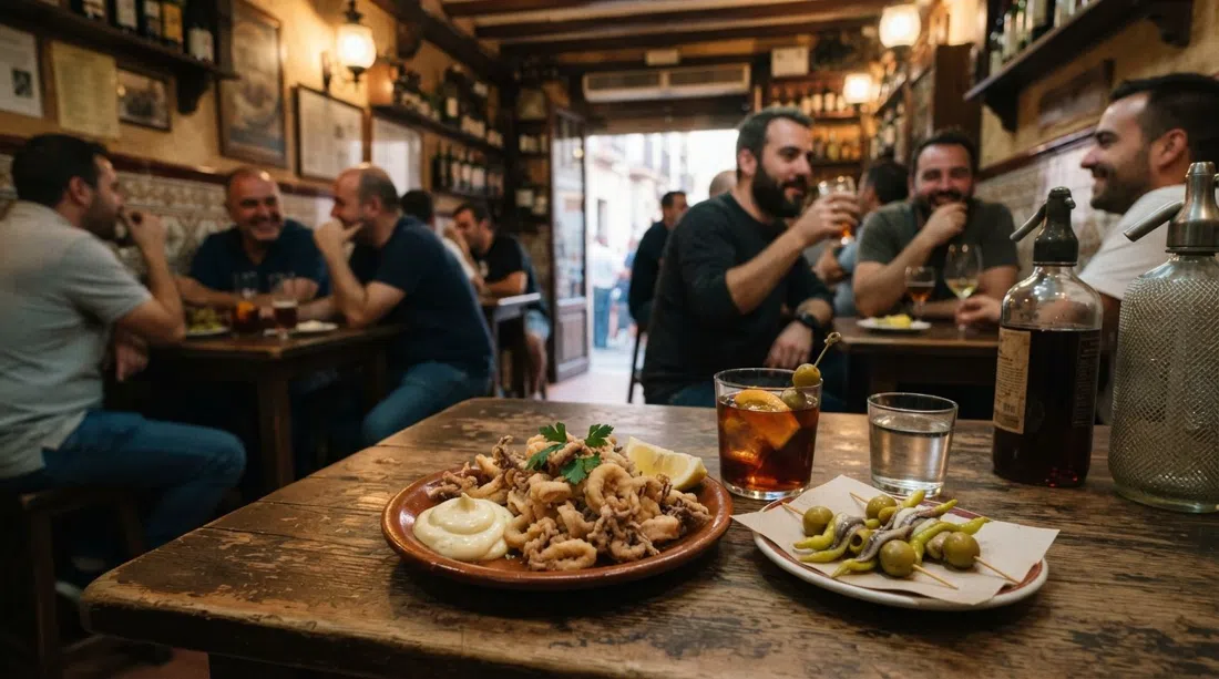 un plato de puntillas con alioli y gildas en Taberna La Samorra, mesa rústica de taberna, copa de vermut y luz cálida de tarde