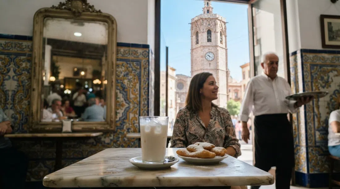 horchata y fartons en la Horchatería de Santa Catalina, paredes alicatadas de Manises, espejo de café antiguo y una pequeña mesa de mármol junto a la torre de la iglesia