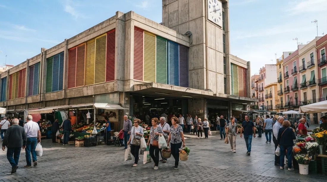 Fachada brutalista de hormigón del Mercado de Ruzafa con sus toldos degradados arcoíris brillando bajo la luz del mediodía, la plaza del mercado llena de compradores