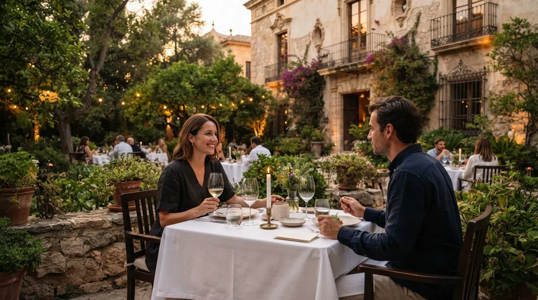 Elegante entorno ajardinado de La Salita junto a la mansión del siglo XVIII, con una mesa de menú degustación preparada para la cena