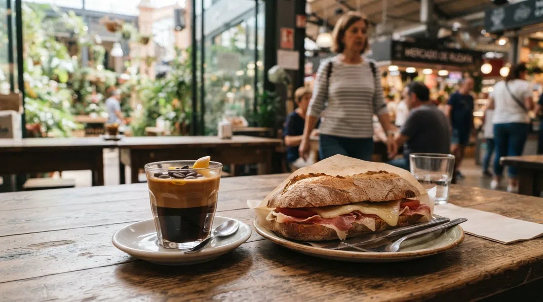 Cremaet y bocadillo en La Cantina de Ruzafa, primer plano sobre una mesa pequeña con la luz del jardín del mercado al fondo