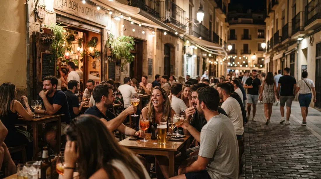 Terraza de La Boba y el Gato Rancio en Cuba de noche, mesas abarrotadas, luz cálida de la calle y copas de cóctel que capturan el resplandor