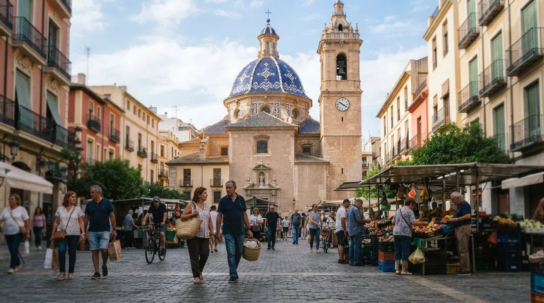 Cúpula de azulejos azules y blancos de la Iglesia de San Valero elevándose sobre la plaza del mercado, vista desde la calle con luz suave de la mañana