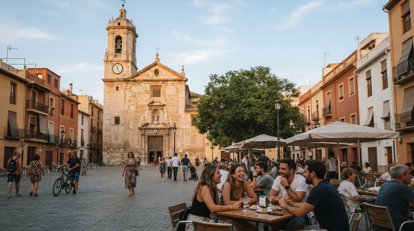 Plaça de Benimaclet with the parish church of the Asunción de Nuestra Señora at the historic core, late-afternoon light on the square and low village houses around it