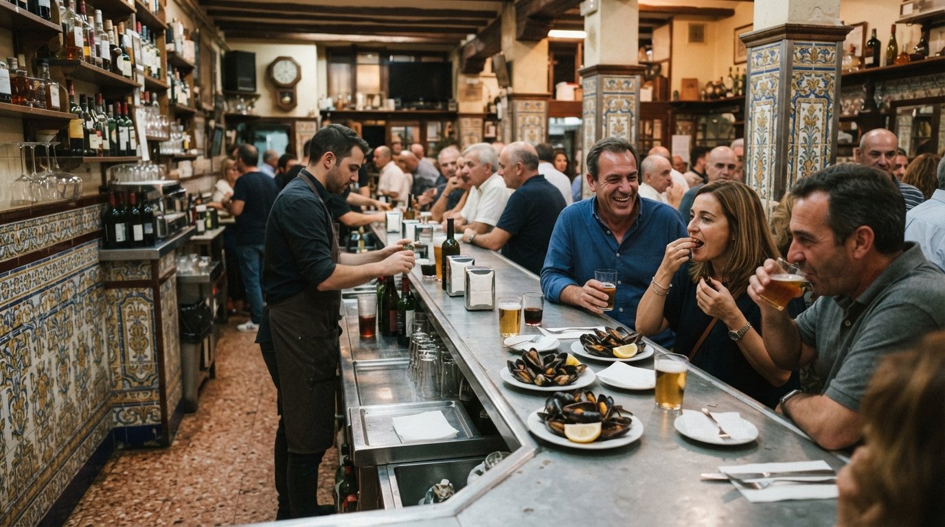 the tiled interior of La Pilareta, a long zinc bar with plates of clóchinas al vapor and old tapas-bar character