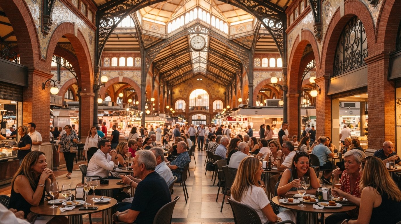 the Mercado de Colón modernista hall at golden hour, red brick arches and wrought-iron canopy glowing above café terraces