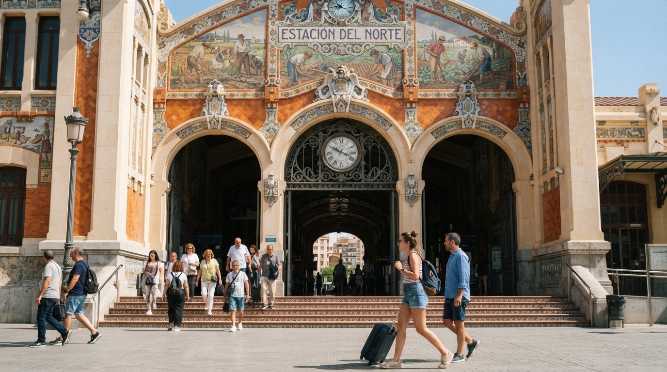 the Estación del Norte facade in Valencia, trencadís tiles and huerta murals bright against the station entrance