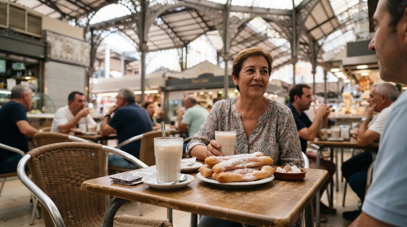 horchata and sugar-dusted fartons at Horchatería Daniel inside Mercado de Colón, served on a small table under the modernista canopy