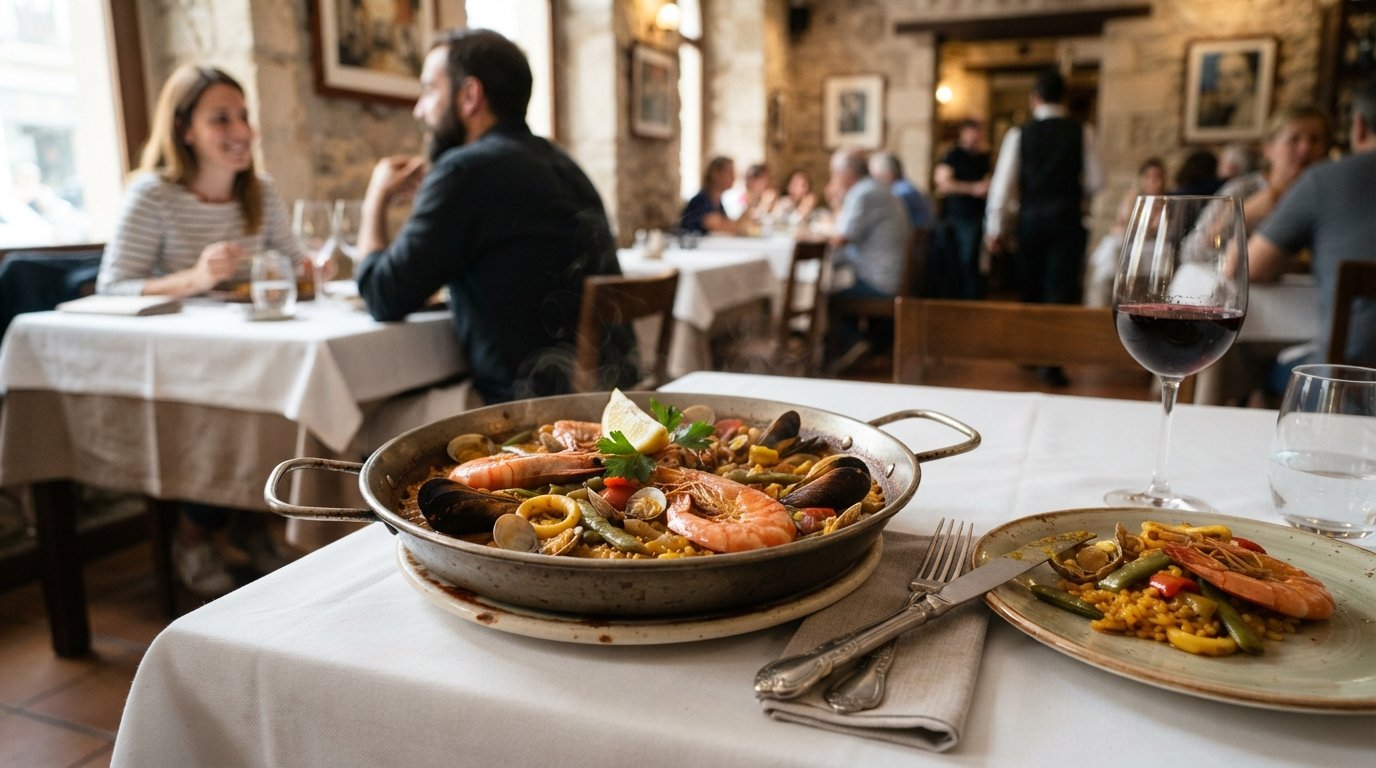 a plated seafood paella at Goya Gallery, glossy rice with shellfish on a white tablecloth in soft daylight