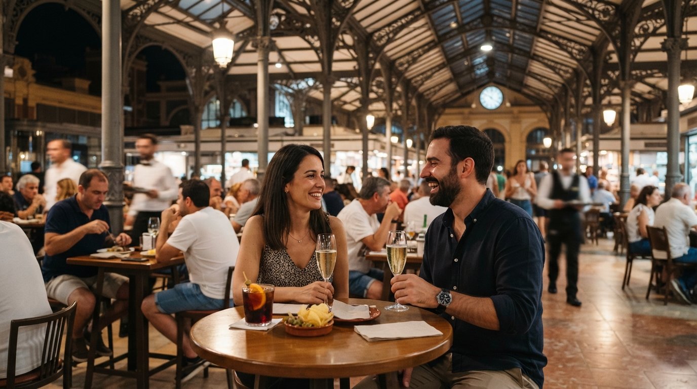 evening terraces under the Mercado de Colón canopy, cava glasses and vermouth on small tables beneath warm interior lights